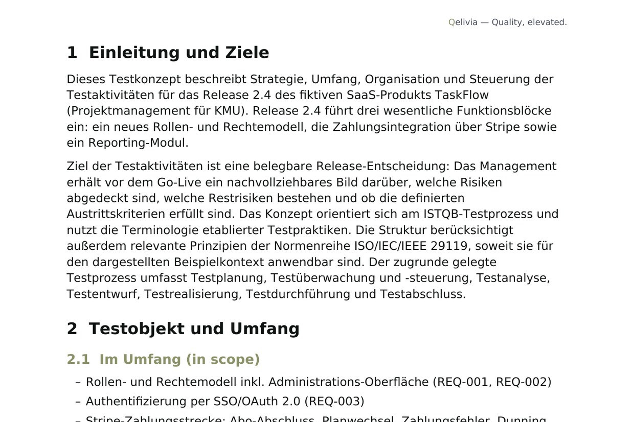 Seite aus dem Muster-Testkonzept: Einleitung, Ziele, Testobjekt und Umfang