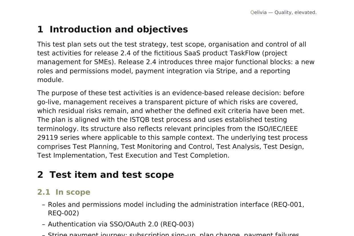 Page from the sample test plan: introduction, objectives, test object and scope